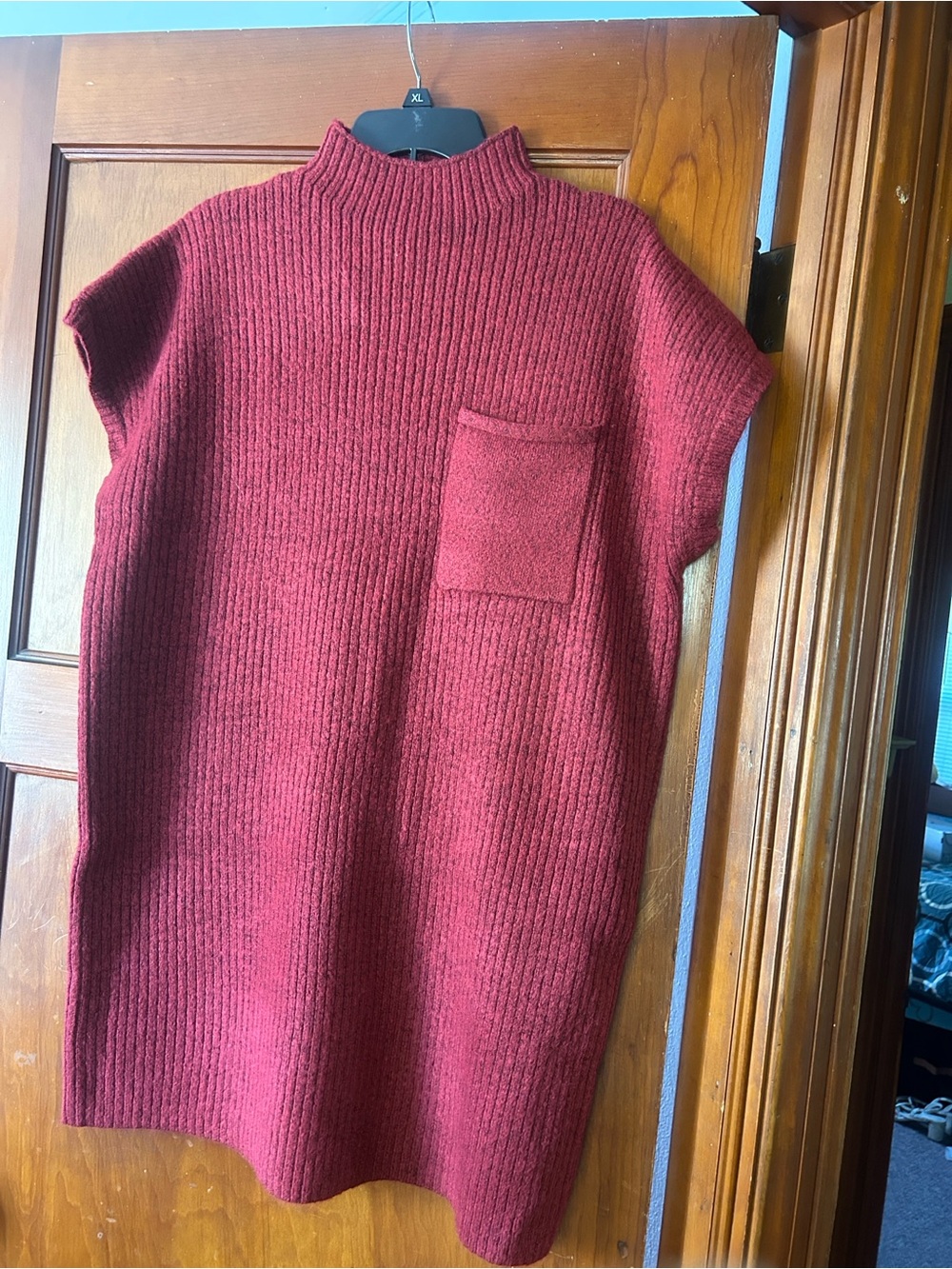 Zenana Outfitters Ribbed Mock Neck Sleeveless Sweater Dress - Burgundy.